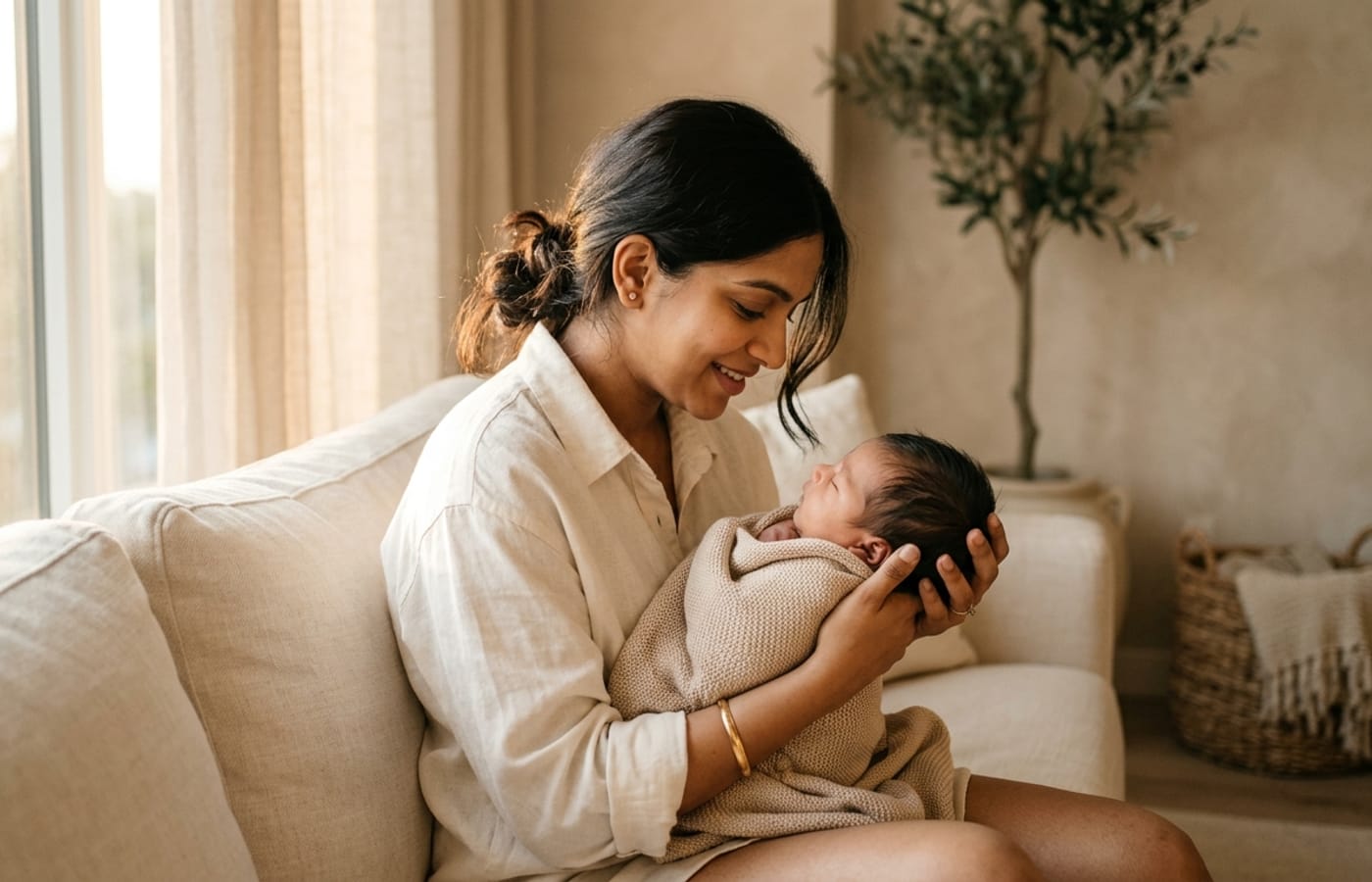 A mother lovingly holding her newborn baby