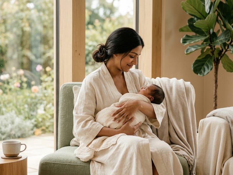 Mother and baby in a peaceful, healing space